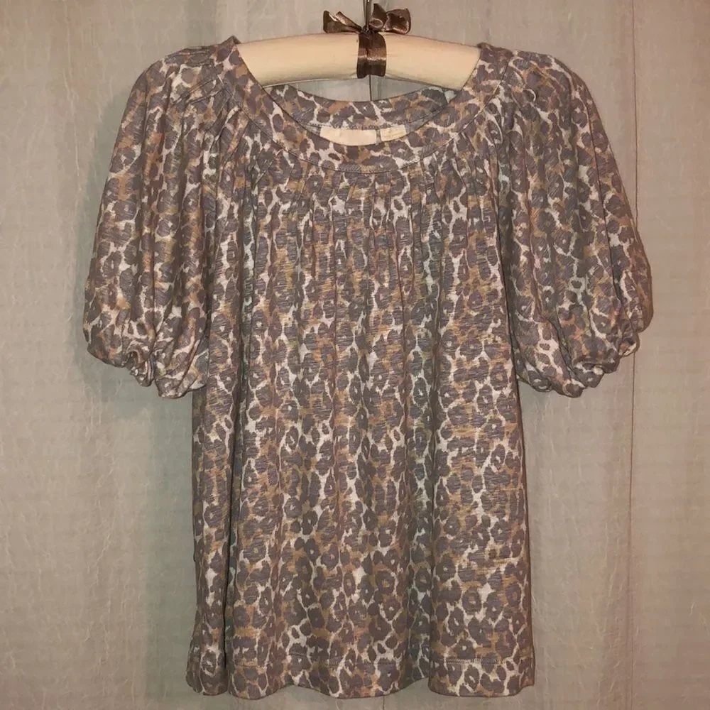 Anthropologie S Maeve Linen Puff Sleeve Leopard Top